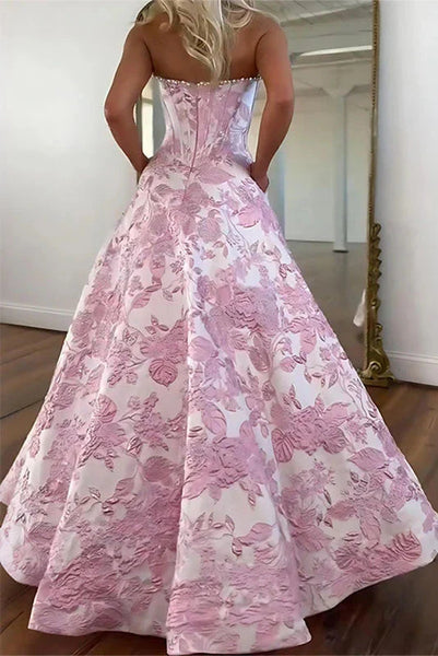 Stunning A Line Scoop Neck Jacquard Satin Long Prom Dress with Pearls VK160804