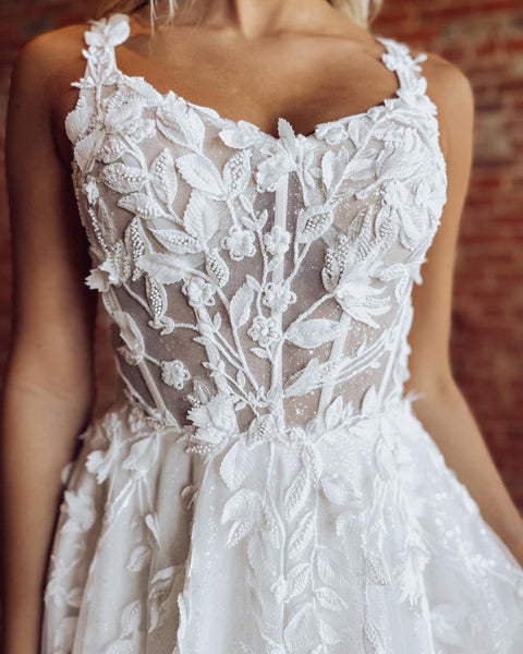 Tulle Lace Appliqued Boho Wedding Dresses A Line Corset Beach Wedding Gowns