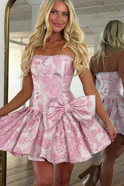 A Line Strapless Pink Jacquard Satin Short Homecoming Dress with Bow VK26061405