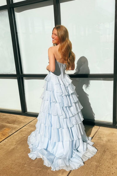 Appliques Neck Ice Blue Tiered Long Dress with Slit