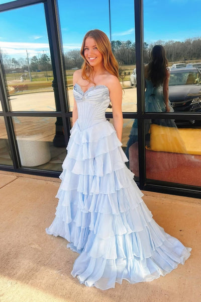Appliques Neck Ice Blue Tiered Long Dress with Slit