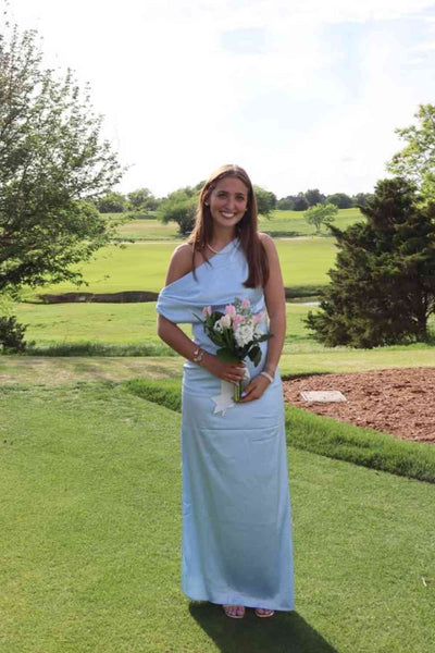 Asymmetric Neckline Blue Satin Maxi Dress