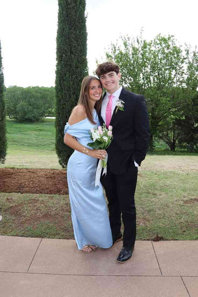 Asymmetric Neckline Blue Satin Maxi Dress