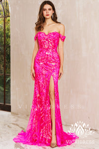 Attractive Fuchsia Off the Shoulder Sequins Lace Mermaid Prom Dresses with Slit VK24010722