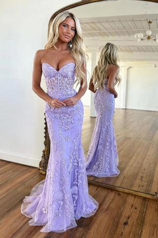 Attractive Mermaid Strapless Lavender Prom Dresses with Appliques VK123103