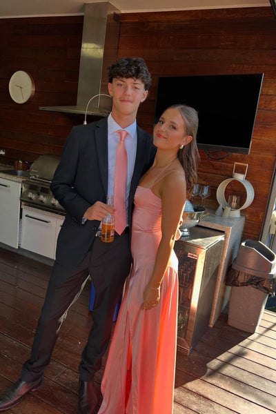 Double Straps Peach Ruched Long Dress with Slit