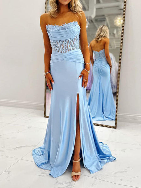 Baby Blue Lace Corset Satin Slit Long Prom Dress