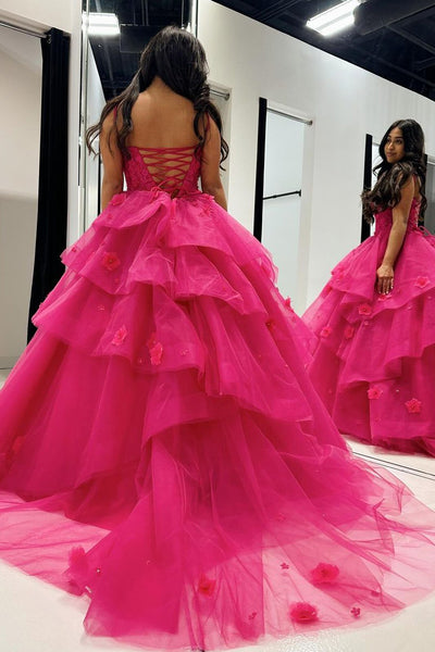 Ball Gown Fuchsia Sweetheart Tiered Tulle Prom Dresses with Appliques VK24010706-2