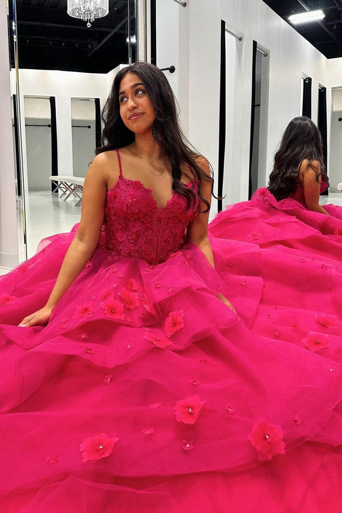 Fuchsia Tulle Prom Dresses Appliques Evening Party Gowns Spaghetti Straps,DP098