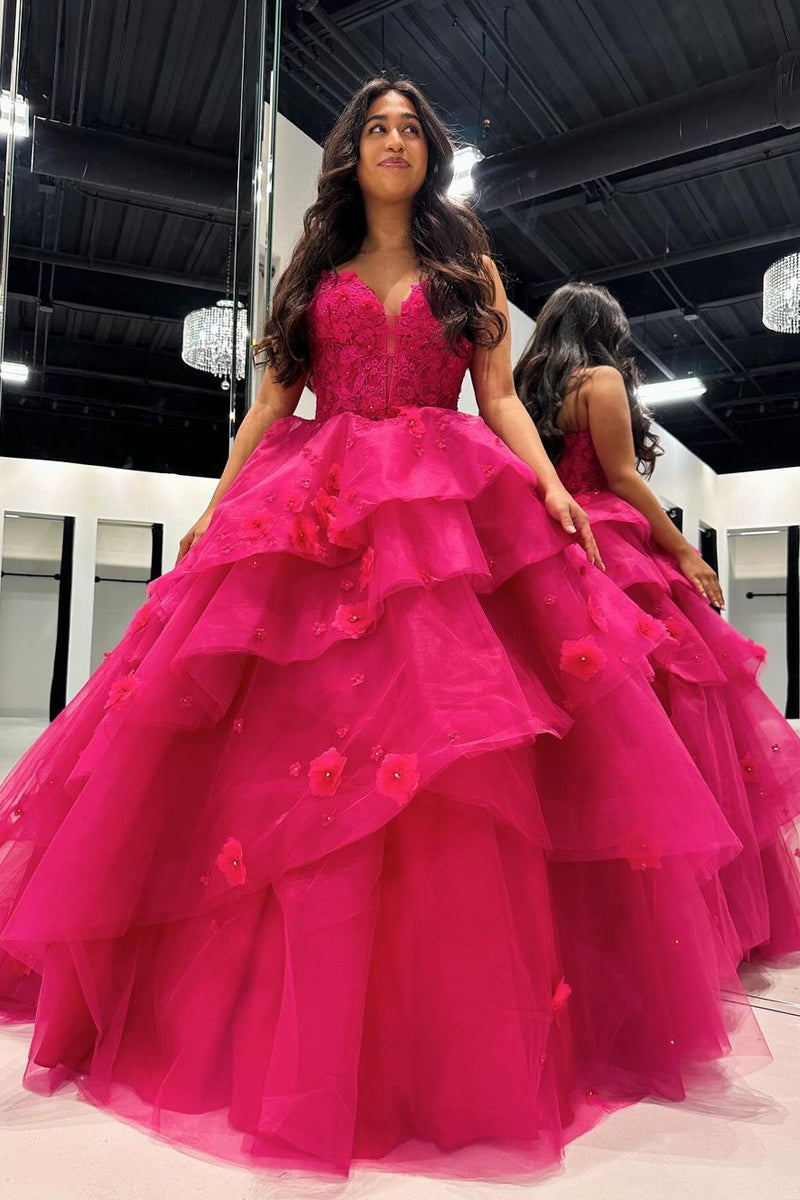 Ball Gown Fuchsia Sweetheart Tiered Tulle Prom Dresses with Appliques VK24010706