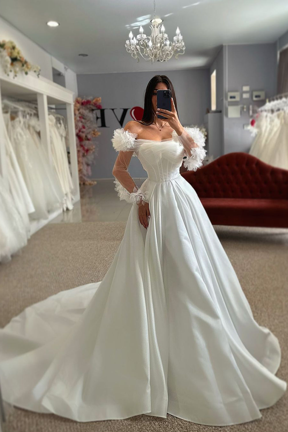Ball Gown Off the Sholder Long Sleeves Satin Wedding Dresses VK24090902