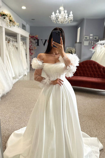 Ball Gown Off the Sholder Long Sleeves Satin Wedding Dresses VK24090902