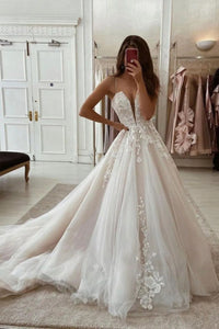 Ball Gown V Neck Champagne Tulle Wedding Dresses with Appliques VK0731114-1