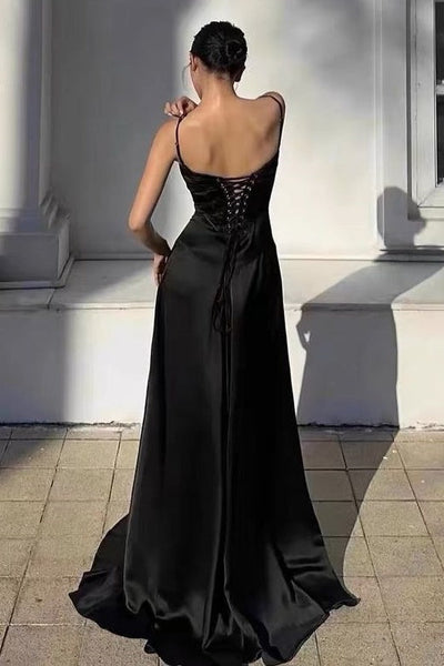 Bateau Spaghetti Straps Satin A-Line Long Party Prom Dress