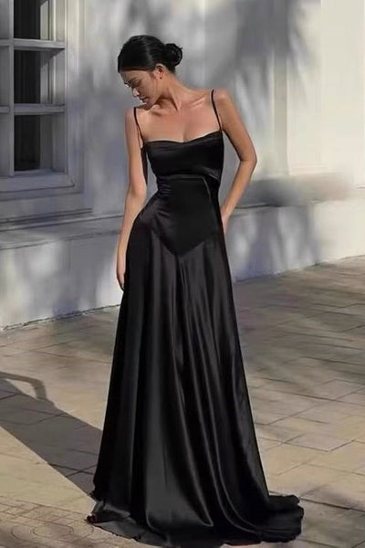Bateau Spaghetti Straps Satin A-Line Long Party Prom Dress