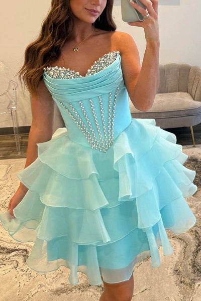 Beaded Neck Blue Ruffle Tiered Short Dress