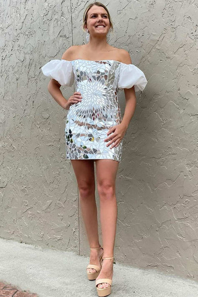 Black Cut Glass Mirror Puff Sleeve Short Homecoming Dress VK23090401