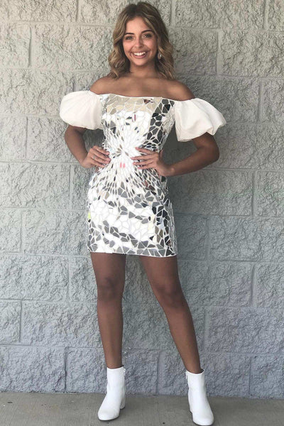 Black Cut Glass Mirror Puff Sleeve Short Homecoming Dress VK23090401