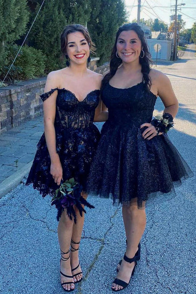 Black Cute A Line Sweetheart Tiered Sequins Short Homecoming Dresses VK073138-1