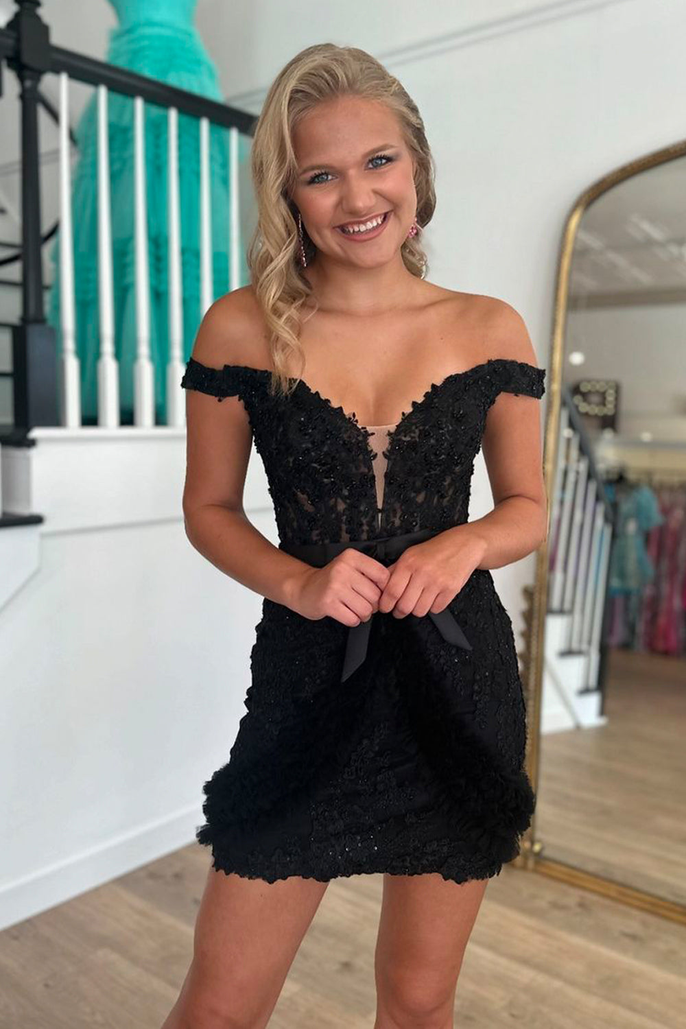 Black Off the Shoulder Lace Short Homecoming Dresses with Beadings VK24082601