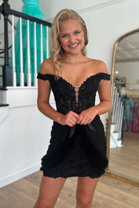 Black Off the Shoulder Lace Short Homecoming Dresses with Beadings VK24082601