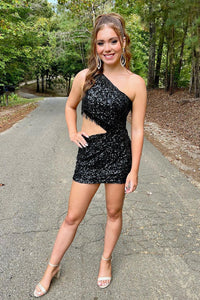 Black One Shoulder Sequins Cutout Tight Homecoming Dresses with Fringe VK23100601