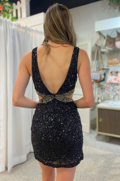 Black Sequin Beaded V-Neck Cutout Short Homecoming Dress VK23080706-3