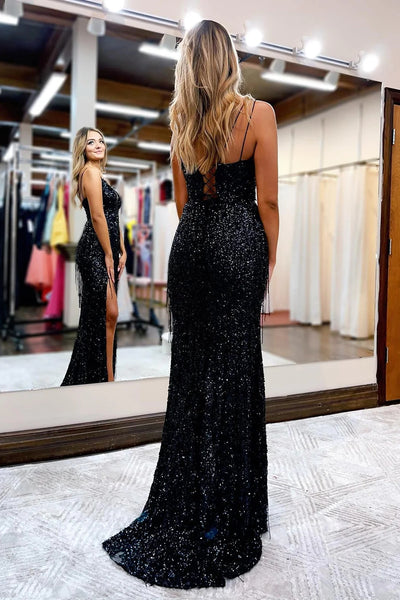 Black Sequined Spaghetti Straps Prom Dress VK23092708