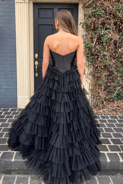 Black Strapless A-line Multi-Layers Tulle Long Prom Dress VK23102905