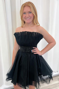 Black Strapless Organza Short A-Line Homecoming Dresses with Beading VK082206