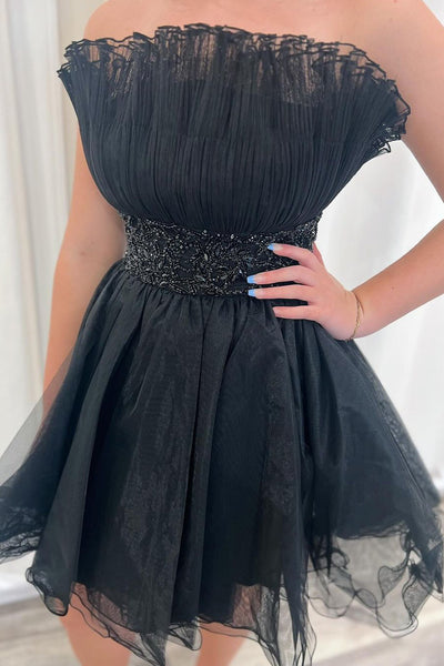 Black Strapless Organza Short A-Line Homecoming Dresses with Beading VK082206