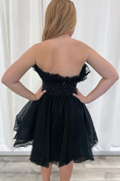 Black Strapless Organza Short A-Line Homecoming Dresses with Beading VK082206