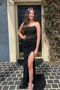 Black Strapless Sequins Mermaid Long Prom Dress with Slit VK23102909