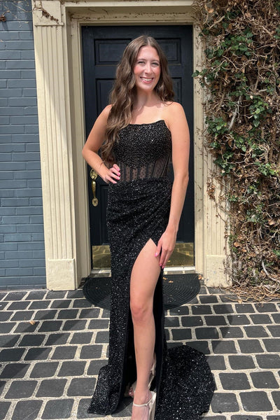 Black Strapless Sequins Mermaid Long Prom Dress with Slit VK23102909