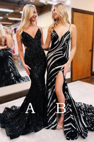 Black V Neck Sequins Mermaid Long Prom Dresses VK23122807