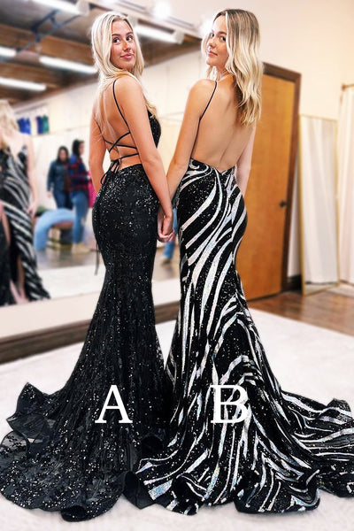Black V Neck Sequins Mermaid Long Prom Dresses VK23122807
