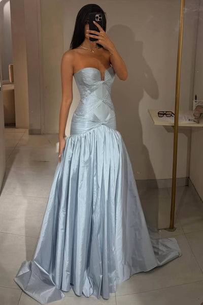 Blue A-Line Strapless Empire-Waist Pleats Sleeveless Long Prom Dress