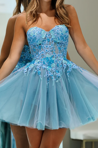 Blue A-Line Strapless Sweetheart Tulle Short Homecoming Dress with Appliques