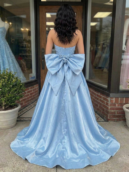 Blue Strapless Satin Corset Prom Dress with Rose Choker