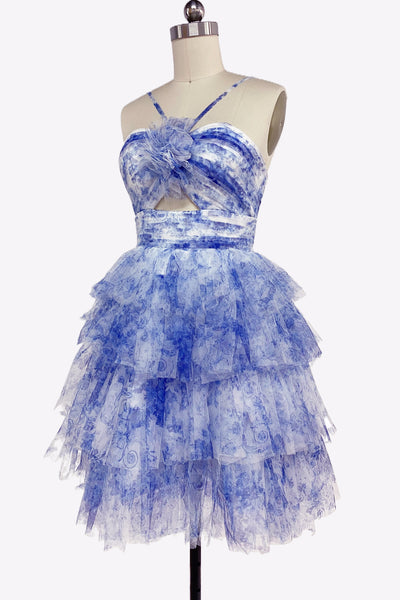 Blue Floral Print Keyhole A-Line Short Homecoming Dresses VK081407