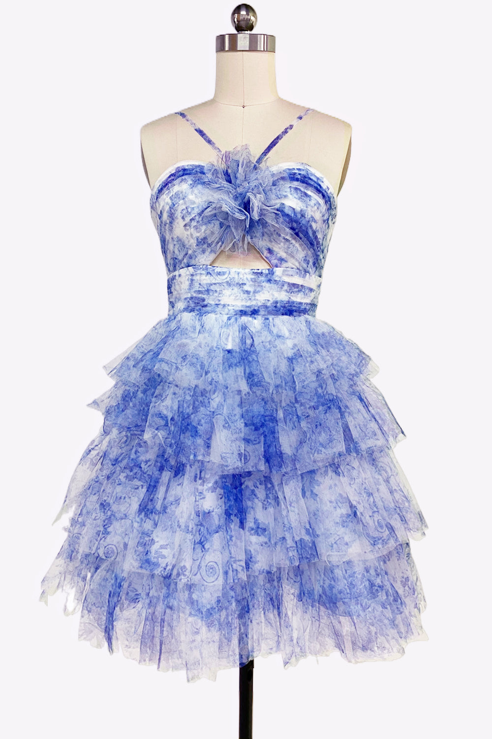 Blue Floral Print Keyhole A-Line Short Homecoming Dresses VK081407