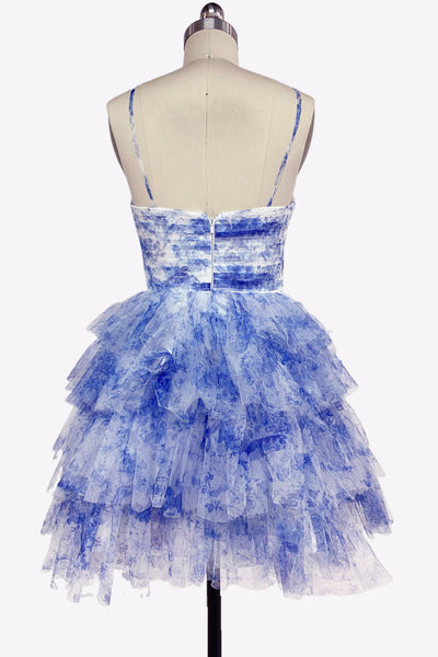 Blue Floral Print Keyhole A-Line Short Homecoming Dresses VK081407