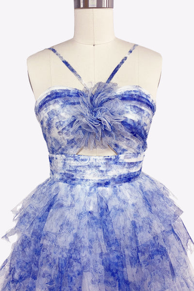 Blue Floral Print Keyhole A-Line Short Homecoming Dresses VK081407