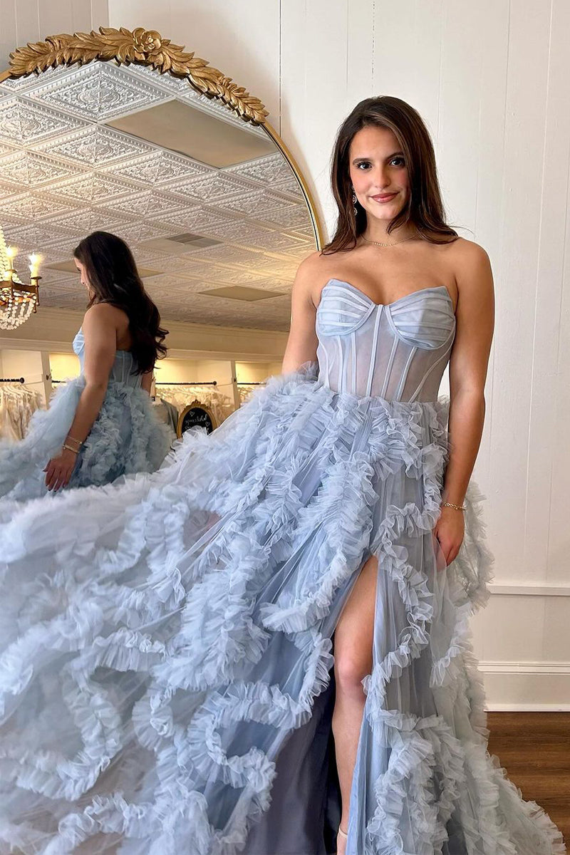 Blue Strapless Ruffle Tulle A-Line Long Prom Dresses with Slit VK24032004 vickidress-1