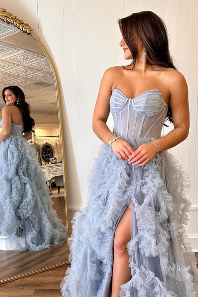 Blue Strapless Ruffle Tulle A-Line Long Prom Dresses with Slit VK24032004 vickidress-2