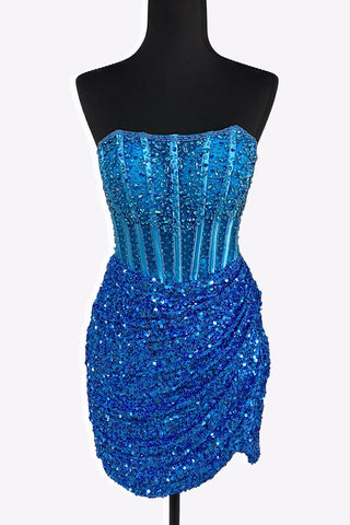 Blue Strapless Sequins Short Tight Homecoming Dresses with Beadings VK081402