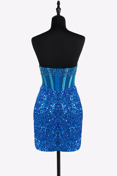 Blue Strapless Sequins Short Tight Homecoming Dresses with Beadings VK081402