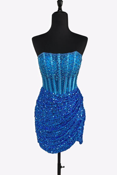 Blue Strapless Sequins Short Tight Homecoming Dresses with Beadings VK081402