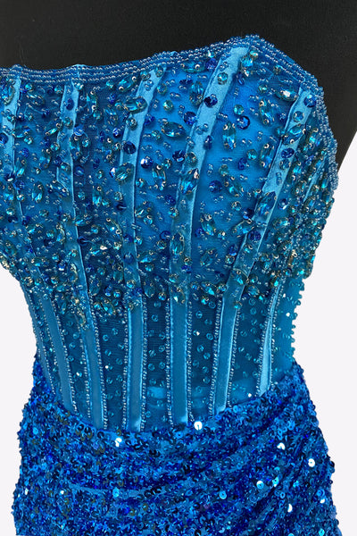 Blue Strapless Sequins Short Tight Homecoming Dresses with Beadings VK081402