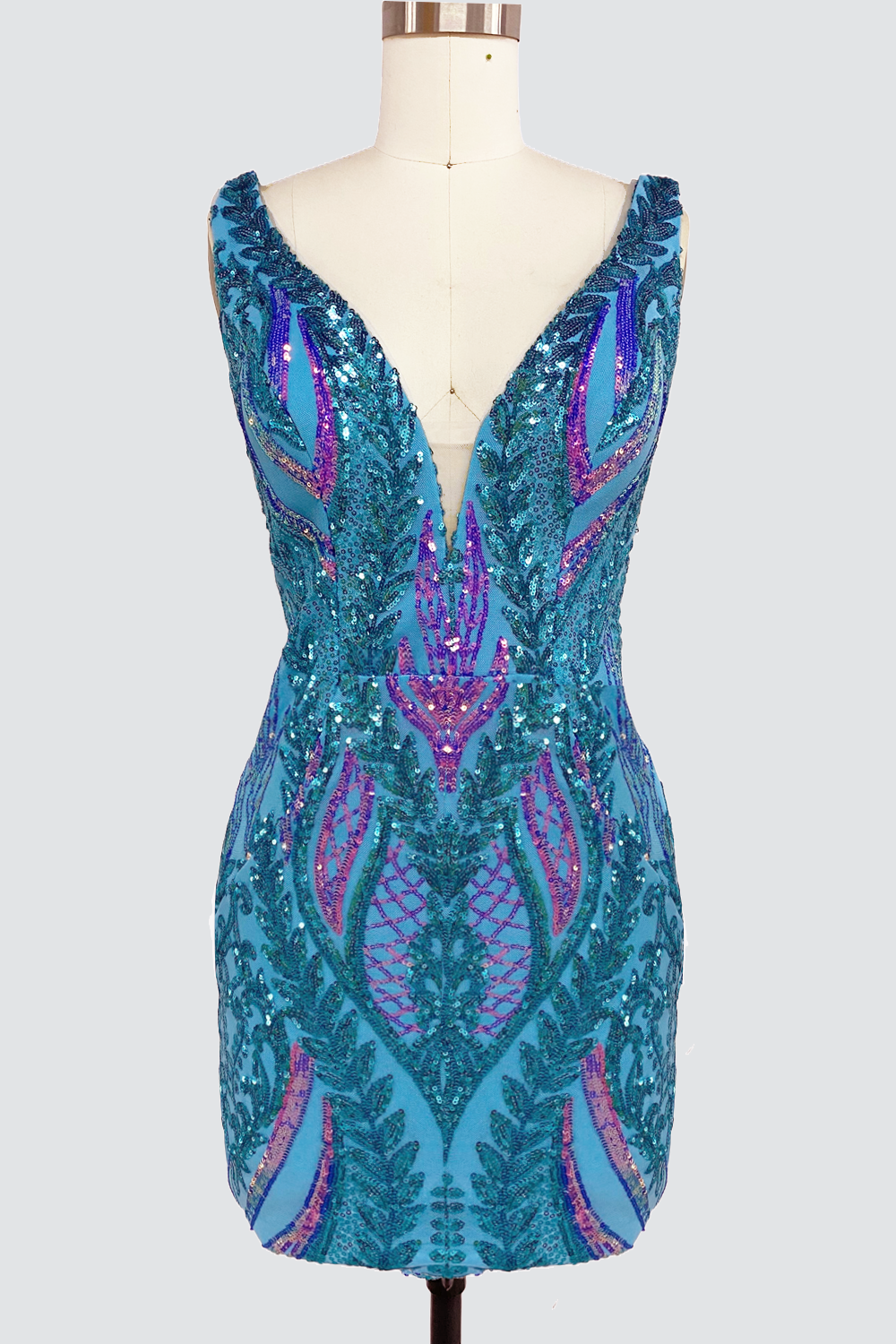 Blue V Neck Sequins Short Tight Homecoming Dresses VK081401